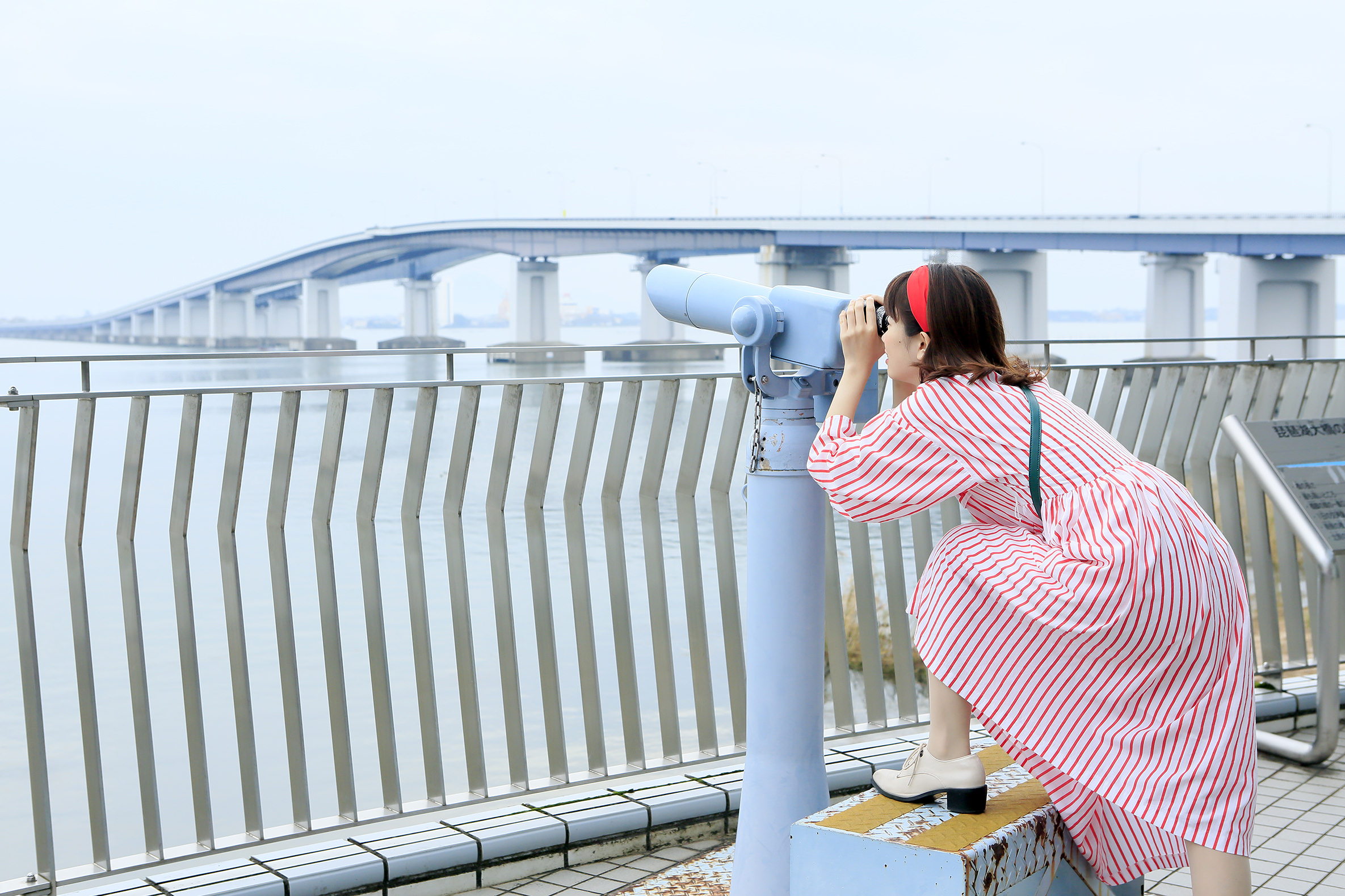 琵琶湖大橋さんの西側にある道の駅「米プラザ」2階の展望台から。曲線を描く美しい橋の姿を望遠レンズでじっくりと眺めることができます。